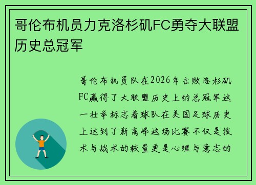 哥伦布机员力克洛杉矶FC勇夺大联盟历史总冠军 哥伦布机员力克洛杉矶FC勇夺大联盟历史总冠军